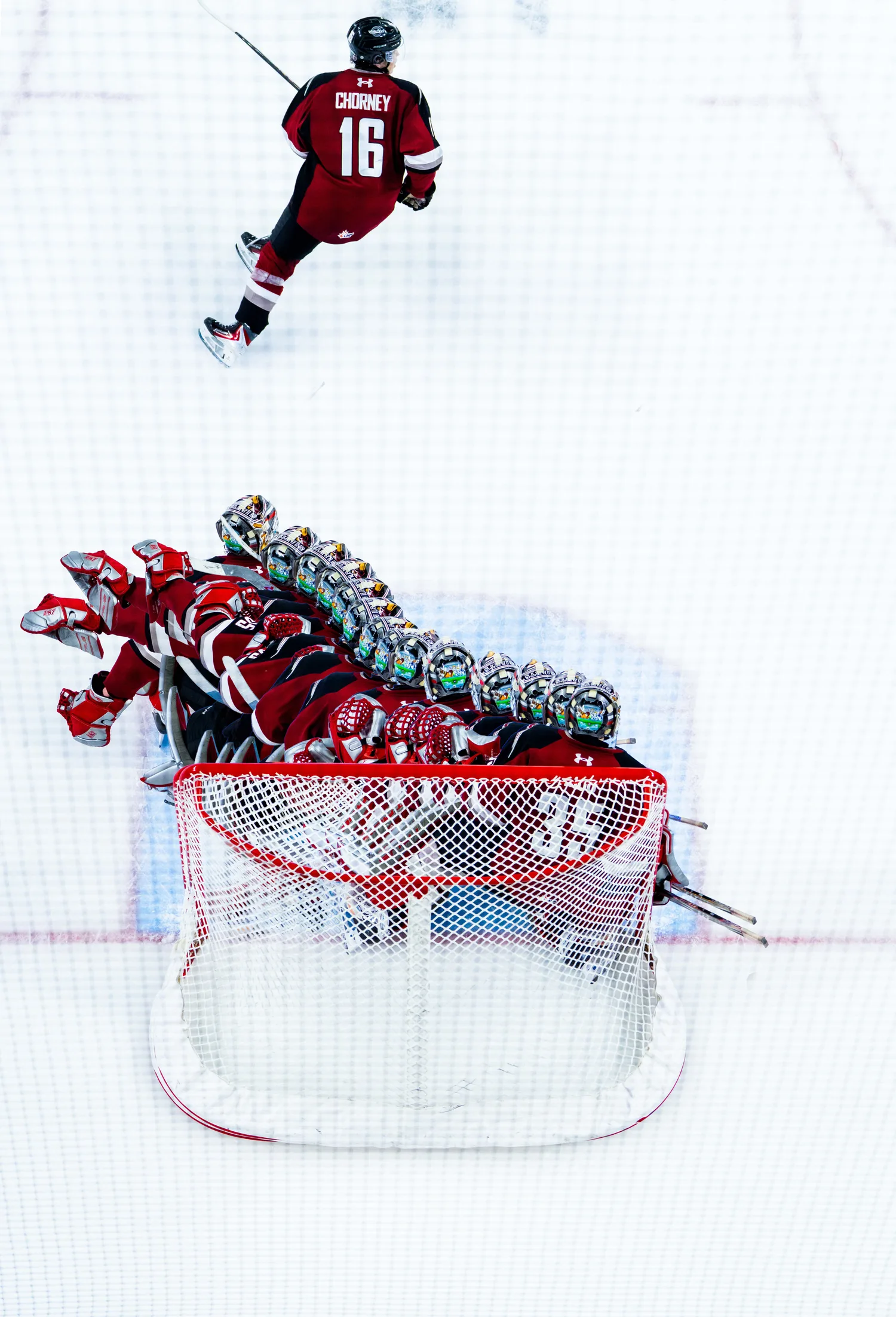Vancouver Giants overhead goal celebration composite at Langley Events Centre