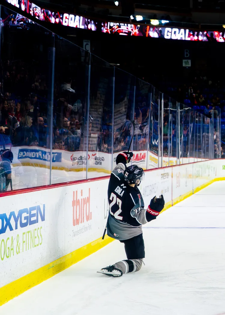 Vancouver Giants forward Joe Iginla celebrating a goal at Langley Events Centre