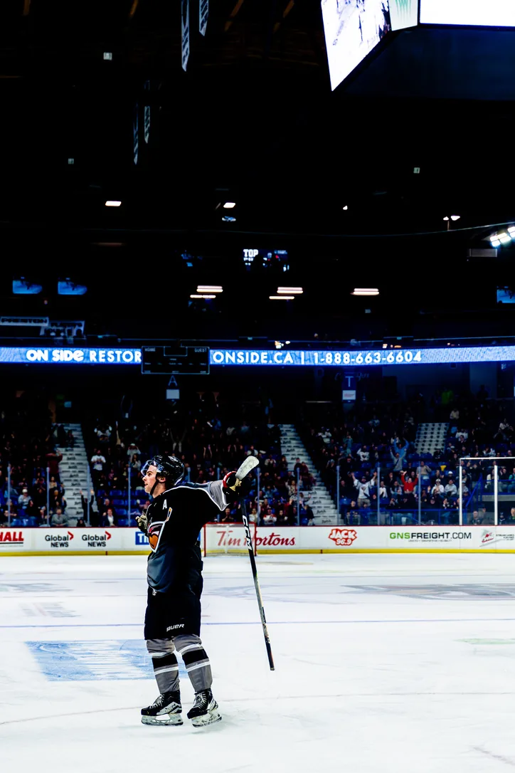 Vancouver Giants forward Mathias Preston celebrating a goal at Langley Events Centre